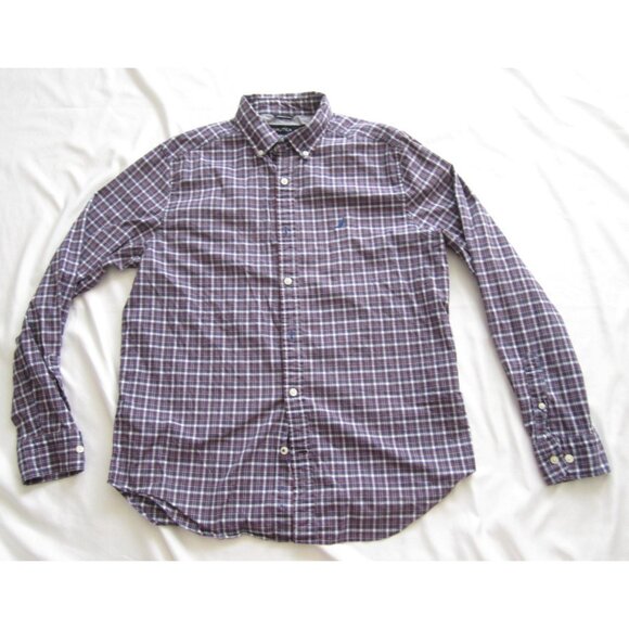 Men's Nautica Classic Fit Stretch Button Plaid Long Sleeve Shirt Sz M (MT635) - Picture 1 of 9